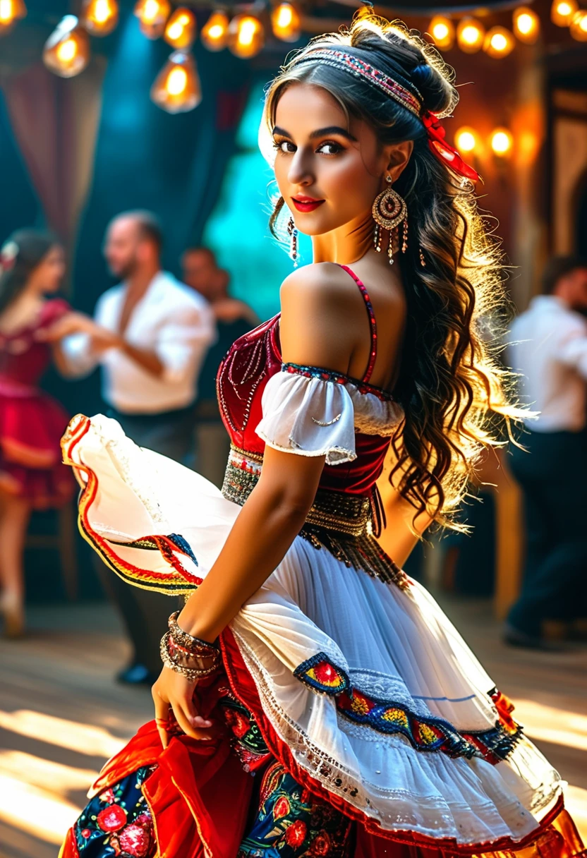 (Meilleure qualité，8k，haute résolution，chef-d&#39;œuvre:1.2)，ultra détaillé，1 fille，Superbe jeune danseuse，danseuse gitane，(Danse incroyable:1.9)，Magnifique costume de danse，bijoux，Accessoires，Corps mince，danse sexy，Bar de campagne français，scène animée，ambiance joyeuse，l&#39;artiste&#39;les œuvres，Peinture，A chef-d&#39;œuvre，couleurs vives，Rendu physique，concentration claire，Ultra HD，(vision:2.0)，(Utilisez un objectif grand angle pour photographier tout le corps:2.2)，(à la manière de Jasmine Becket-Griffith, portrait en pied d&#39;une danseuse dans un salon)