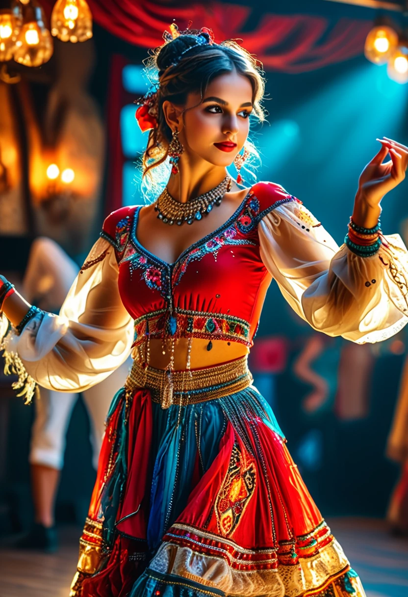 (Meilleure qualité，8k，haute résolution，chef-d&#39;œuvre:1.2)，ultra détaillé，1 fille，Superbe jeune danseuse，danseuse gitane，(Danse incroyable:1.9)，Magnifique costume de danse，bijoux，Accessoires，Corps mince，danse sexy，Bar de campagne français，scène animée，ambiance joyeuse，l&#39;artiste&#39;les œuvres，Peinture，A chef-d&#39;œuvre，couleurs vives，Rendu physique，concentration claire，Ultra HD，(vision:2.0)，(Utilisez un objectif grand angle pour photographier tout le corps:2.2)，(à la manière de Jasmine Becket-Griffith, portrait en pied d&#39;une danseuse dans un salon)