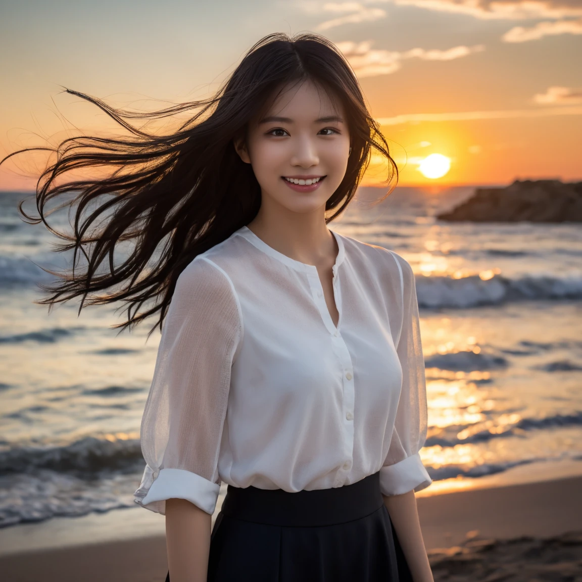 (Highest quality,masterpiece:1.3,Ultra-high resolution),(Very detailed,Caustics,8k),(Realistic:1.4,RAW shooting),Japanese,23 years old,cute,Place your finger on your lips,Are standing,(Big smile),(Looking into the camera),Black Hair Medium Hair,White blouse,Knee-length skirt,Strong winds,Hair blowing in the wind,Coastal,Backlight,sunset,sunset sky,(whole body),Natural light