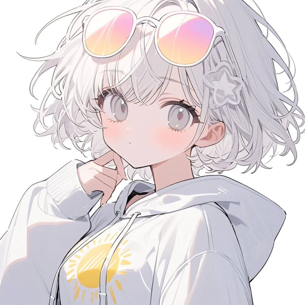 girl, white hair, short hair, white mesh hair, white and gray eyes, white hoodie, one pastel white ((heart)) sun glasses, 舌を出す, white background