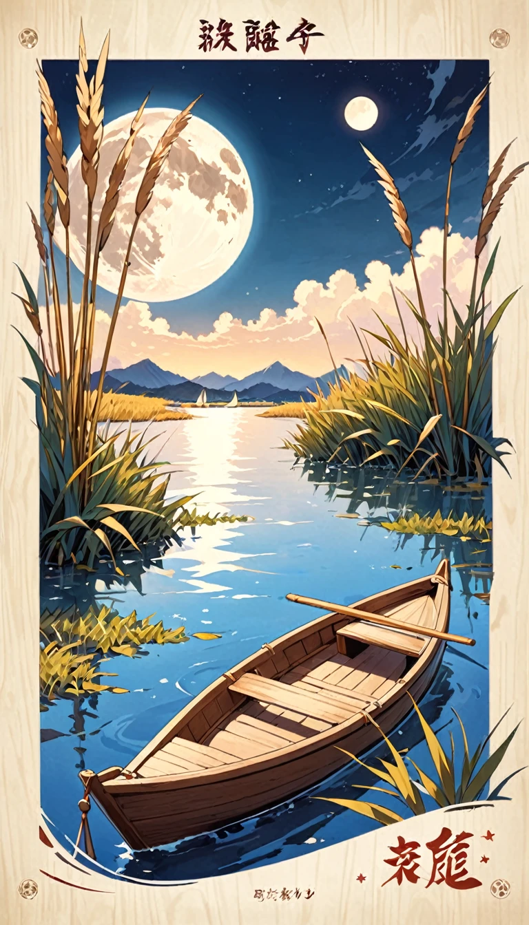 There is a poster，Small wooden boat，A small amount of reed， Boat，moon