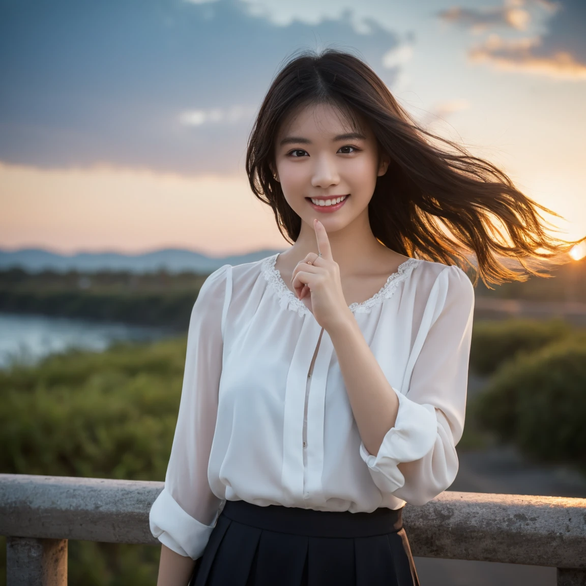 (Highest quality,masterpiece:1.3,Ultra-high resolution),(Very detailed,Caustics,8k),(Realistic:1.4,RAW shooting),Japanese,23 years old,cute,Place your finger on your lips,Are standing,(Big smile),(Looking into the camera),Black Hair Medium Hair,White blouse,Knee-length skirt,Strong winds,Hair blowing in the wind,Coastal,Backlight,sunset,sunset sky,(whole body),Natural light