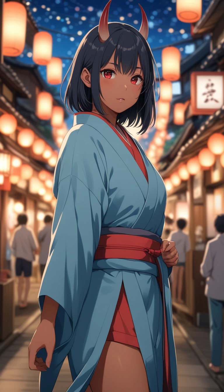 8K, RAW, best quality, ((masterpiece, best quality)), Makoto shinkai, ultra high res, colorful, (medium wide shot), full body, (dynamic perspective), sharp focus, (depth of field, bokeh:1.3), extremely detailed eyes and face, beautiful detailed eyes, looking at viewer,
(1girl, Japanese, Oni, horns, Oni red tanned skin, tail, bobcat haircut, black hair, grey eyes), (dressed, Kimono, Haori:1.5), ((shy face))
action pose, forest background, dark forest, night time, 