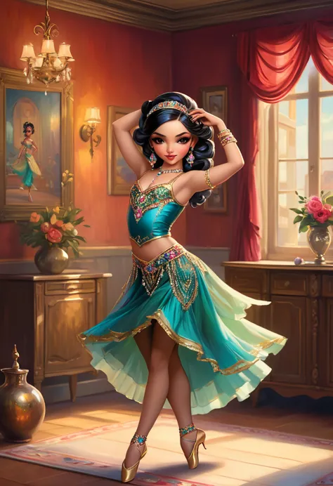 in style of Jasmine Becket-Griffith, full-length portrait of a dancer in a living room, 1girl, Stunning young dancer, Gypsy Danc...