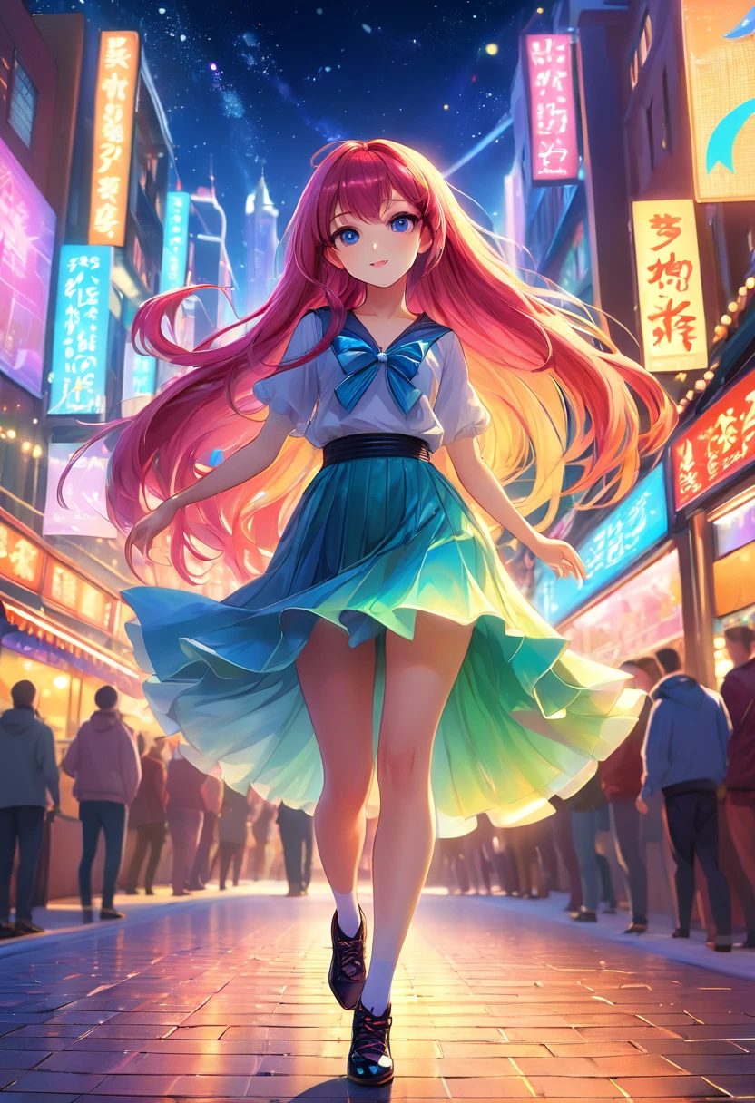 Detailed illustration of an anime-style dancing girl，She has a long head，Vibrant hair and expressive eyes，She should wear a trendy and colorful dance outfit，To reflect her youth，Vibrant personality，She is surrounded by a magical，Fantasy city landscape，Full of bright, flashing lights and fantastical buildings，These scenes create a peaceful and charming atmosphere around her