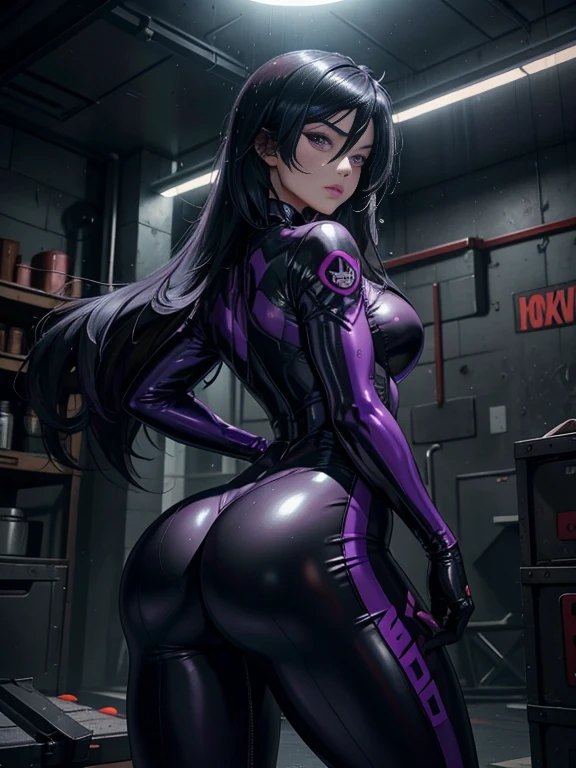 violet parr,latex suit,long black hair,vivid purple eyes,smoky makeup,big round butt,Perfectly sculpted ABS,(Best Quality,4k,8k,High resolution,masterpiece:1.2),ultra detailed,(realist,photorealist,photo-realist:1.37),portrait,dark and moody lighting,Vivid color gradation, Cara sexy, blush, accepted, NSFW, , ass towards the camera
