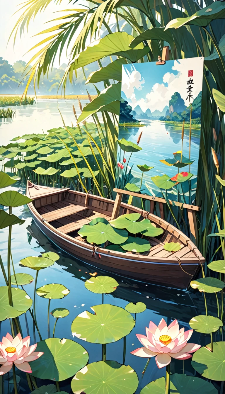 There is a poster，A small amount of lotus leaves，A small amount of reed， Boat，Leaves