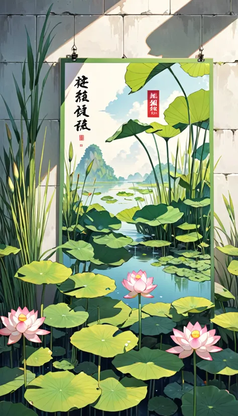 there is a poster，a small amount of lotus leaves，a small amount of reed，leaves