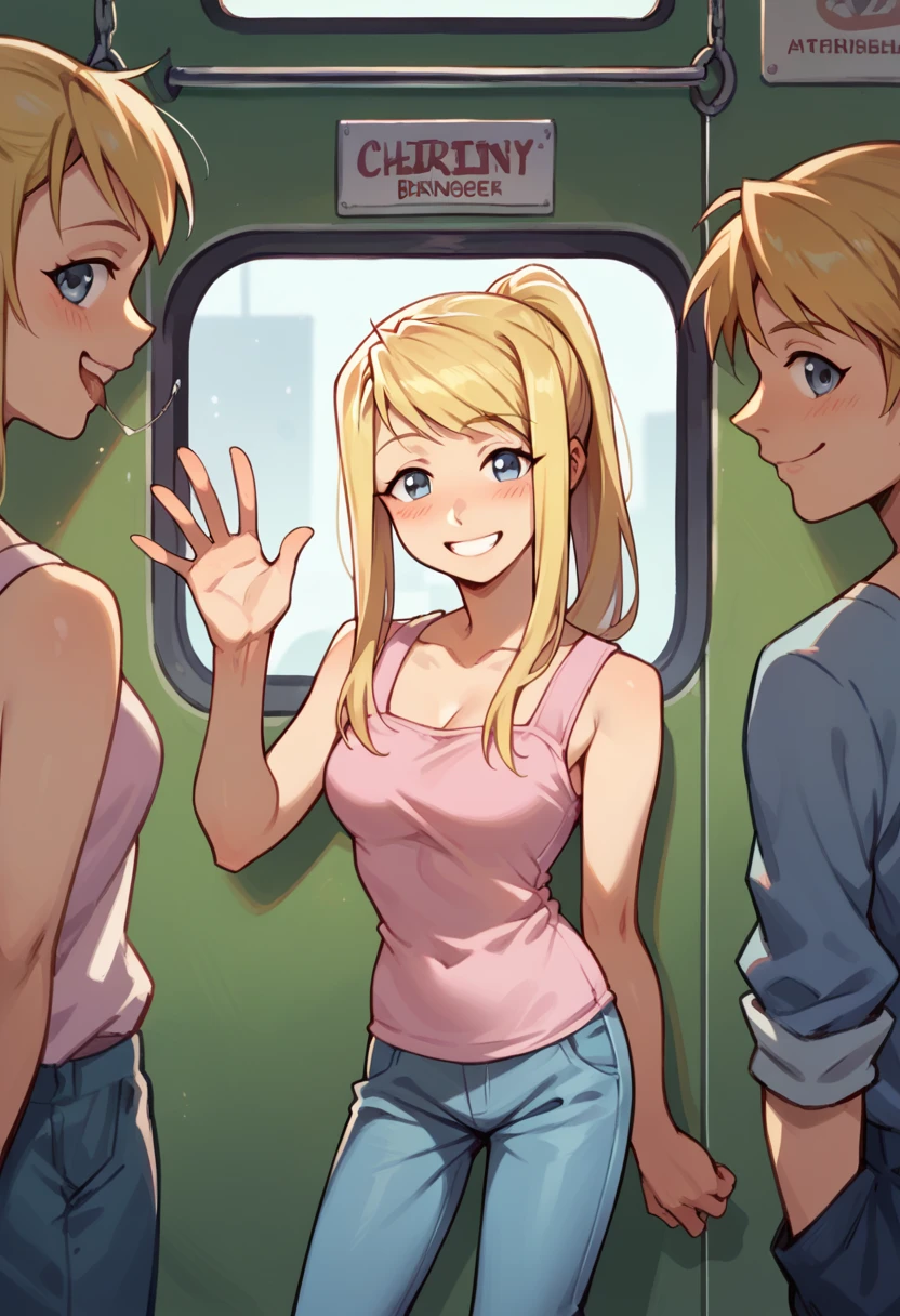 winry rockbell, blonde air, ponytail, inside a train, pink tank-top, blue pants, slim, half-closed eyes, looking at viewer, waving hand, blushing, smile, saliva, standing