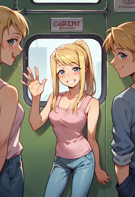 winry rockbell, blonde air, ponytail, inside a train, pink tank-top, blue pants, slim, half-closed eyes, looking at viewer, wavi...