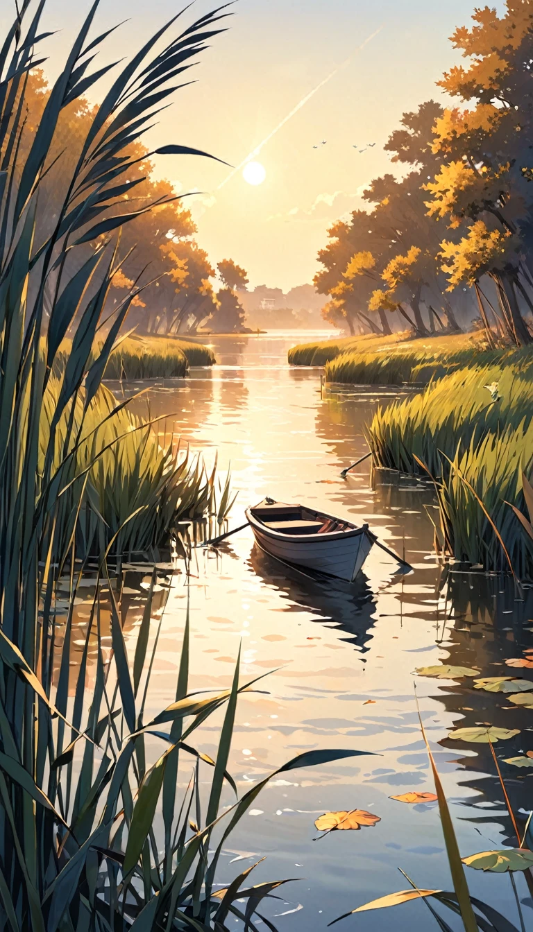 There is a poster，Two or three reeds，Leaves，There is a small boat in the distance