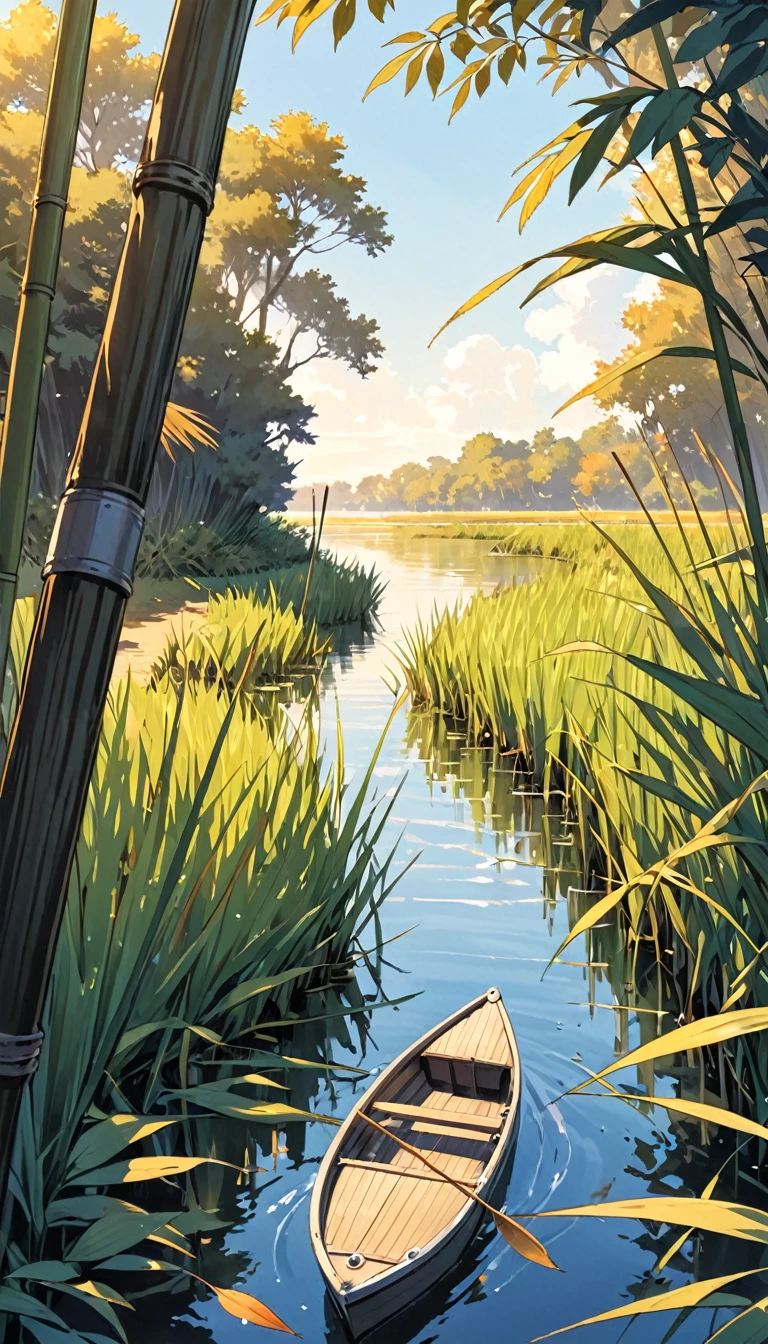 There is a poster，Two or three reeds，Leaves，There is a small boat in the distance