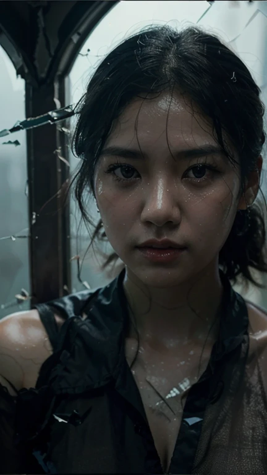 A photo that captures a dramatic and haunting scene of a korean woman's bare face, a hint of sweat visible on her skin, natural lips color, with blue ryes color, unkempt black hair visible through shattered glass, the glass grating into irregular shapes, with the light reflecting off the jagged edges, the woman's expression it's charming and intense, with her eyes staring into the distance, the background dark and slightly blurred, emphasizing the shattered glass and the woman's features.
Fog and water drops visible in the glass, mysterious atmosphere, chiarosuro, octane rendering