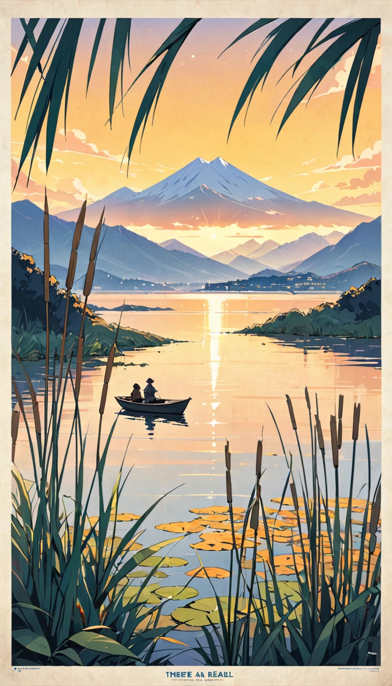 There is a poster，Two or three reeds，Leaves，Distant Mountains，There is a small boat in the distance