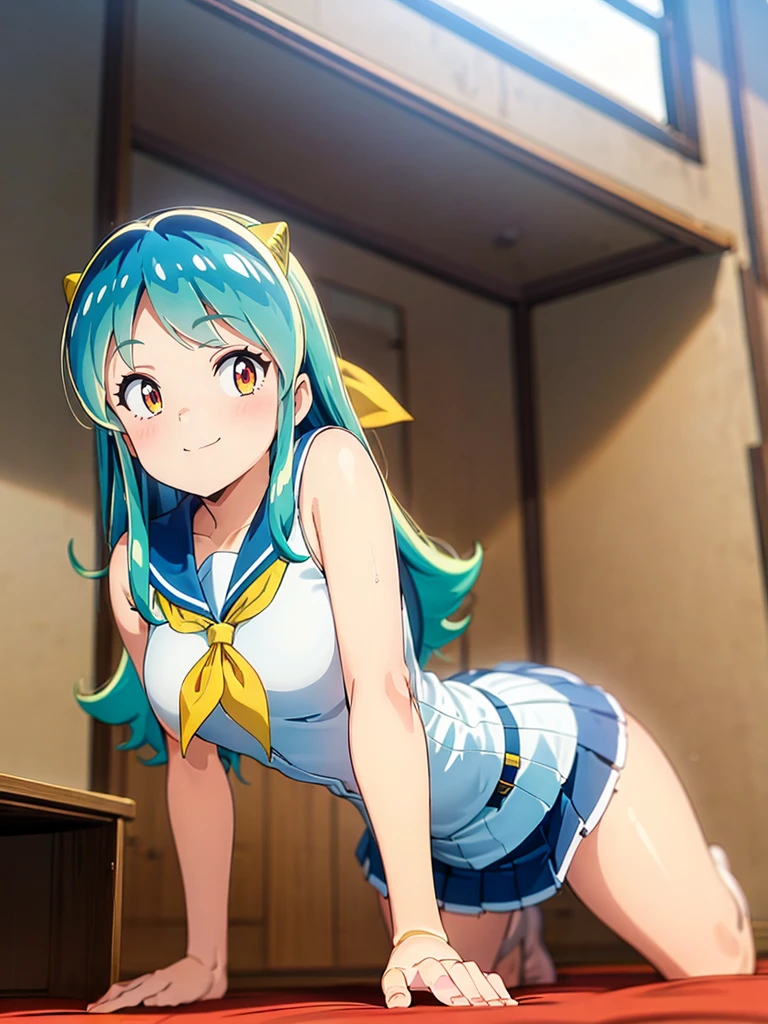 masterpiece, Highest quality, 1 Girl, Lum、 Mature、Sailor suit、Navy Skirt、On all fours、Watching the audience、smile、From below,  From the back, anime, blush, sexy、 High definition, Yellow neckerchief, Point, Bedroom, Greenish silver hair, Hand up