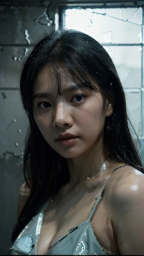 A photo that captures a dramatic and haunting scene of a korean woman's bare face, a hint of sweat visible on her skin, natural ...