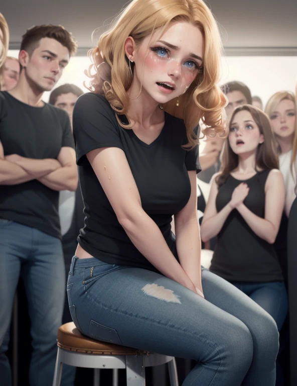 best quality, 8k high resolution, handsome dutch girl, 20 years old, curly strawberry blonde hair, wearing a black tshirt and light blue jeans, needing to pee, holding her crotch, desperate to pee, desperate look in her face, in a crowded room, crowd of people in the back, crossed legs, red cheeks, tears in her eyes, about to burst, crying in desperation, starting to leak a bit,  simple Black tshirt, sweating, biting her lip, begging, crying, strawberryblonde longe curly hair