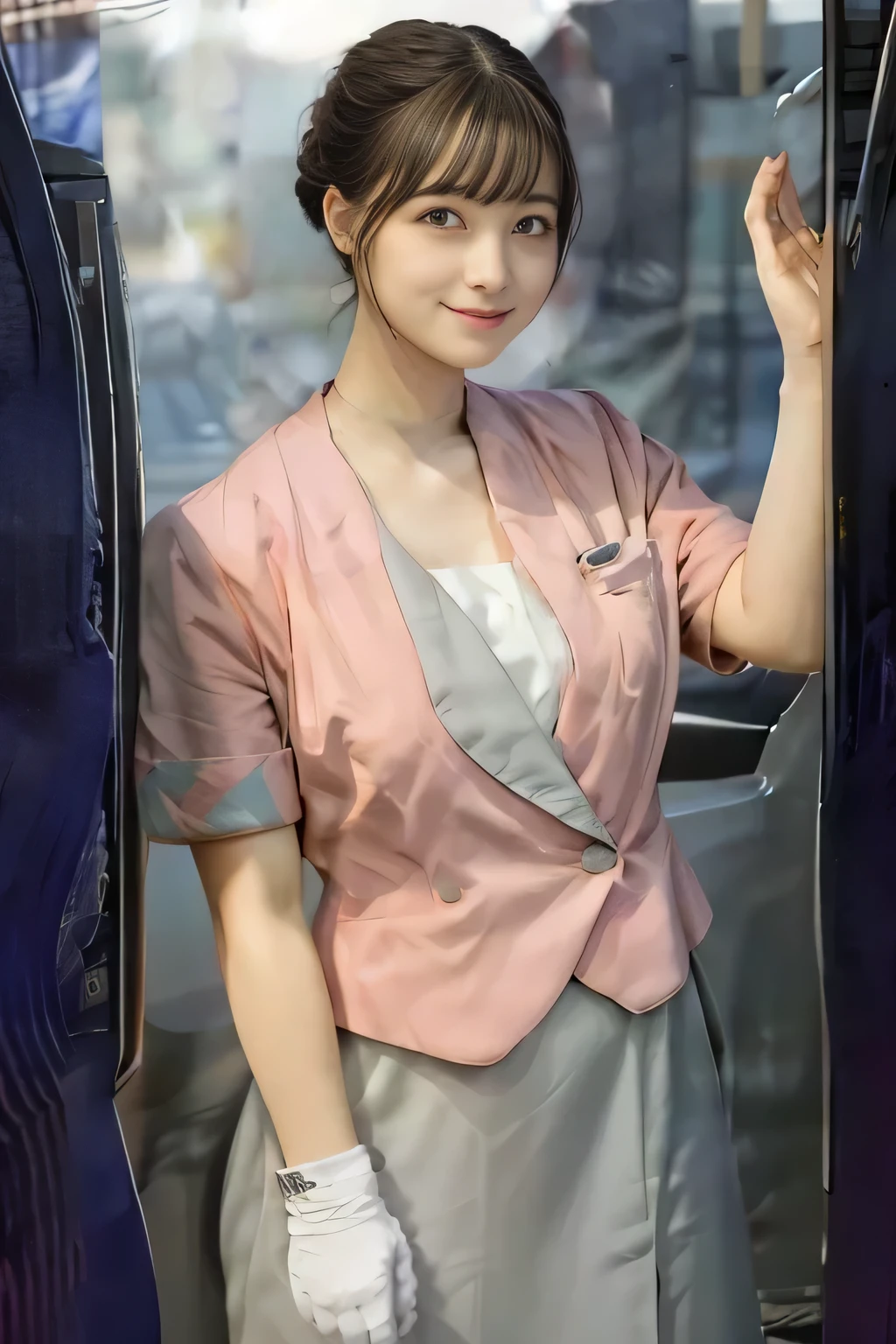 (masterpiece:1.2, Highest quality:1.2), 32k HDR, High resolution, (alone、1 girl)、（On the roof of a building in the daytime、Professional Lighting）、Building rooftop background、（Nankai train crew uniform pinkを着たリアルスタイル）、（Nankai Railway crew uniform, pink, short sleeve, collarless, pink jacket、No-collar short-sleeve blouse、Grey knee-length culottes）、（（The bottom of the pink short-sleeved jacket cannot be tucked into the clay-colored culottes..））、Dark brown hair、（Hair tied up、Bun Hair）、Dark brown hair、Long Shot、Big Breasts、Thin legs、（（Great hands：2.0）），（（Harmonious body proportions：1.5）），（（Normal limbs：2.0）），（（Normal finger：2.0）），（（Delicate eyes：2.0）），（（Normal eyes：2.0））)、smile、（A beautiful figure showing off the Nankai Railway crew uniform）、Bring your hands down