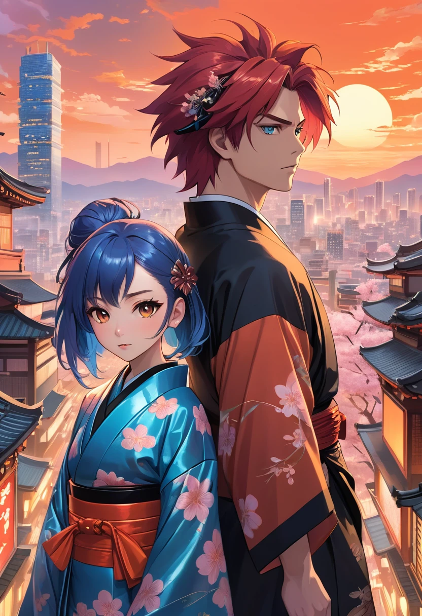 Ilustra una escena de un anime clásico.. Mostrar dos personajes principales, Un hombre caucásico con cabello rojo puntiagudo., vistiendo un traje metálico futurista y una mujer negra con cabello largo y azul, vestido con un kimono tradicional, De pie en el centro de un bullicioso paisaje urbano al atardecer. Rodéelos con un paisaje híbrido de lo antiguo y lo nuevo., donde los imponentes rascacielos de neón coexisten con antiguos árboles de sakura en plena floración. Esparce algunas flores de cerezo en el aire., Creando un contraste de color vibrante contra el cielo naranja que se desvanece..