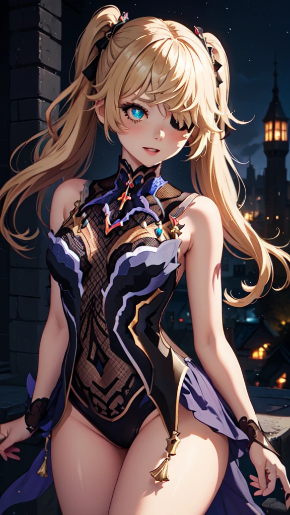 Young blonde girl, black eye patch, twin large ponytails, 
BREAK (masterpiece:1.2), best quality, high resolution, unity 8k wallpaper, (illustration:0.8), (beautiful detailed eyes:1.6), extremely detailed face, perfect lighting, extremely detailed CG, (perfect hands, perfect anatomy), joyful, laughing, Happy, (thigh corset with deep lace neckline), NSFW, cameltoe, portrait (3:4), posing. In darkness next to a scary castle.