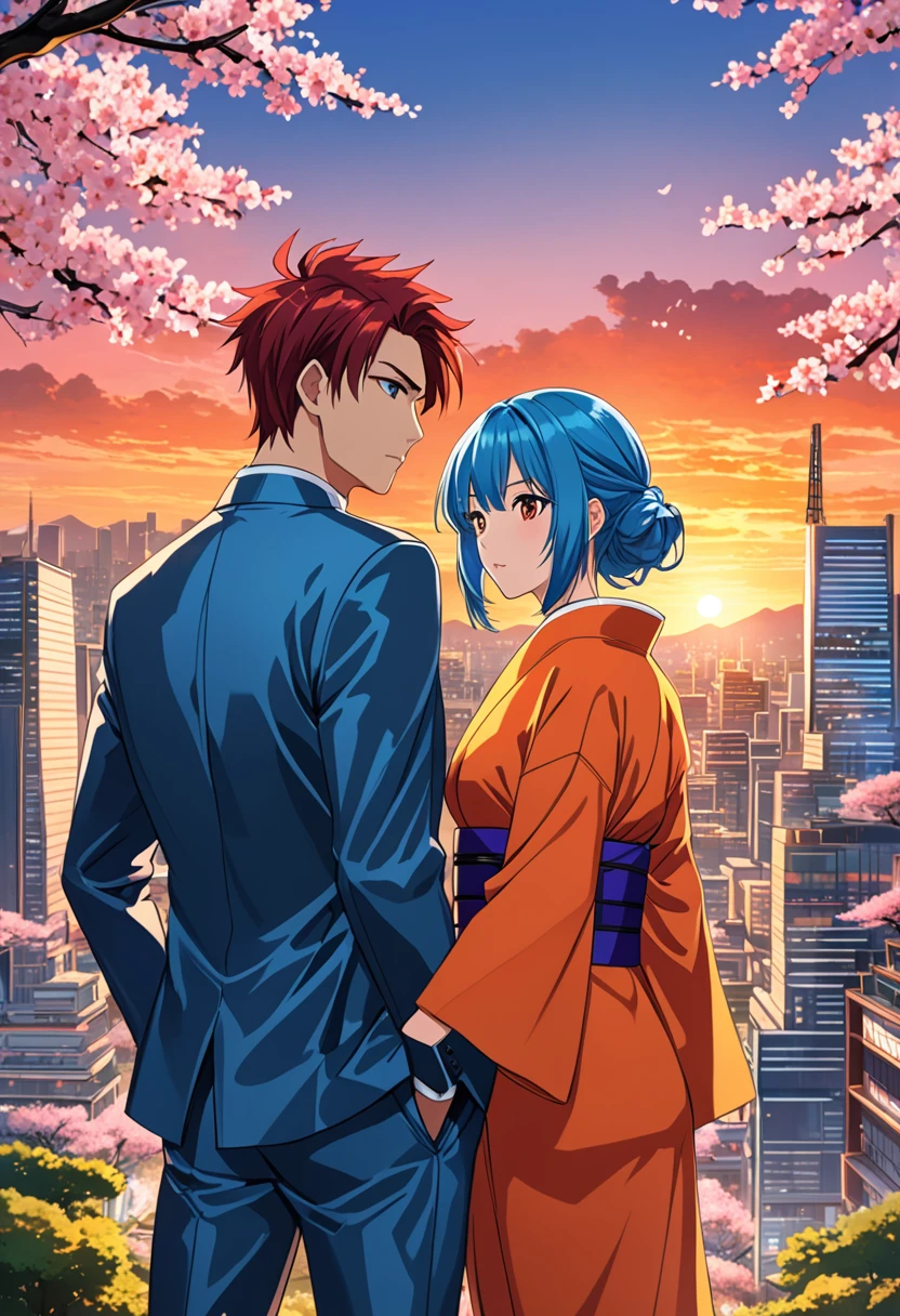 Ilustra una escena de un anime clásico.. Mostrar dos personajes principales, Un hombre caucásico con cabello rojo puntiagudo., vistiendo un traje metálico futurista y una mujer negra con cabello largo y azul, vestido con un kimono tradicional, De pie en el centro de un bullicioso paisaje urbano al atardecer. Rodéelos con un paisaje híbrido de lo antiguo y lo nuevo., donde los imponentes rascacielos de neón coexisten con antiguos árboles de sakura en plena floración. Esparce algunas flores de cerezo en el aire., Creando un contraste de color vibrante contra el cielo naranja que se desvanece..