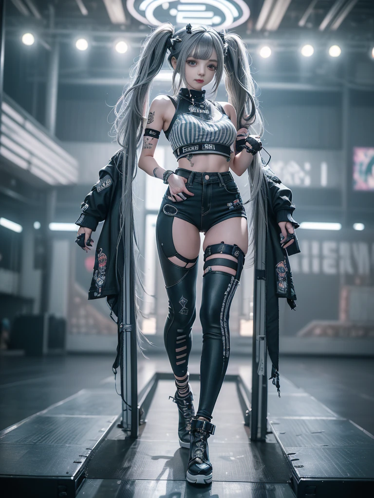 (Full Body View:1.2)、(Side view:1.1)、(Smiling with teeth showing:1.3),(Shibuya Gal:1.5)、(Neo-goth fashion:1.5)、(Punk rock visual kei:1.5)、(Wearing a rhythmic gymnastics bodysuit with intricate details:1.4)、(Complex white racing suit and pants, Denim and turquoise decor:1.5)、(Denim and light blue and white boots:1.3)、((belt))、(A number of subtle logos are featured throughout the costume々:1.4)、(collar:1.3)、(Striped underwear:1.5)、20-year-old、Browsing Caution、((Highest quality、In 8K、masterpiece:1.3))、Sharp focus:1.2、(Layered Cut、Huge boobs:1.1),Beautiful woman with perfect figure:1.4、(Dance vigorously:1.3)、Slim Abs:1.2、Highly detailed face and skin texture、Detailed eyes、double eyelid,(Twin tails:1.3)、(Dark silver hair:1.3)、Idol Sculpture、(The background is the stage for a fashion show:1.3)、(The body is slim:1.3),(Slimming your legs:1.4),（clavicle:1.1）、(Thin and slim thighs:1.3)