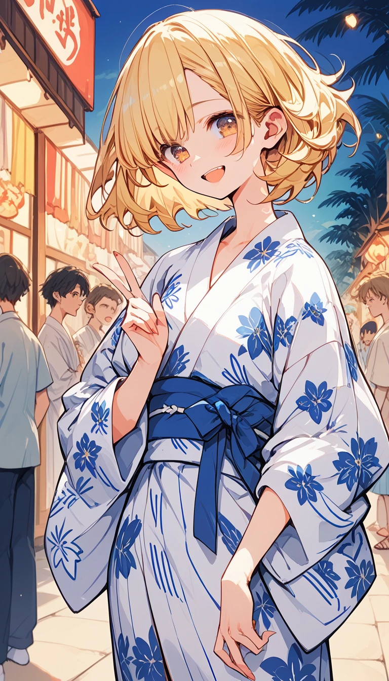 夏のyukata姿、上品なyukata、yukata、Kimono of the common people、カラフルなyukata、日本の夏のyukata、Haori、古典的なyukata、花柄の赤いyukata、Summer festivalスタイル、、night、Summer festival、Bob Hair、Blonde、cute、yukata姿