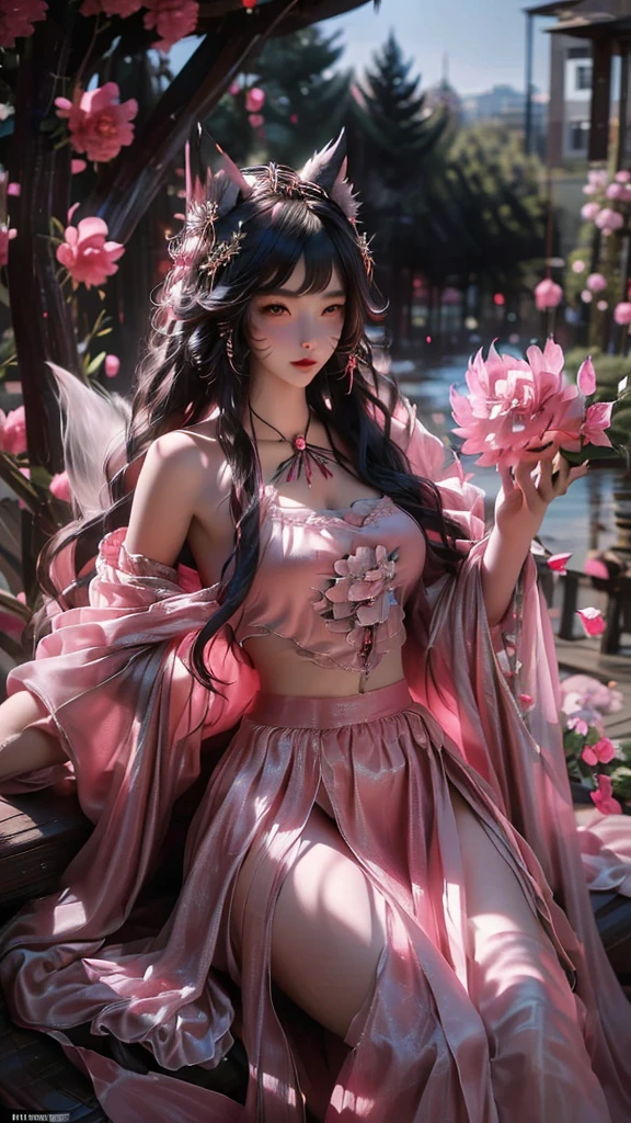 best quality,masterpiece,Ultra-high resolution,(truthfully:1.4),,The sky is full of peonies（background）,20-year-old Peony Fairy（oriental woman）,Pink shawl long hair,Cute eyes,Sexy body,Wearing a peony lace skirt,Half-reclining man reading and drinking among peonies.