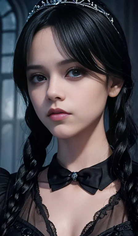Jenna Ortega as Wednesday Addams, Highest quality, Super detailed, Realistic, Horror, Gothic atmosphere, Spooky Background, Dim ...
