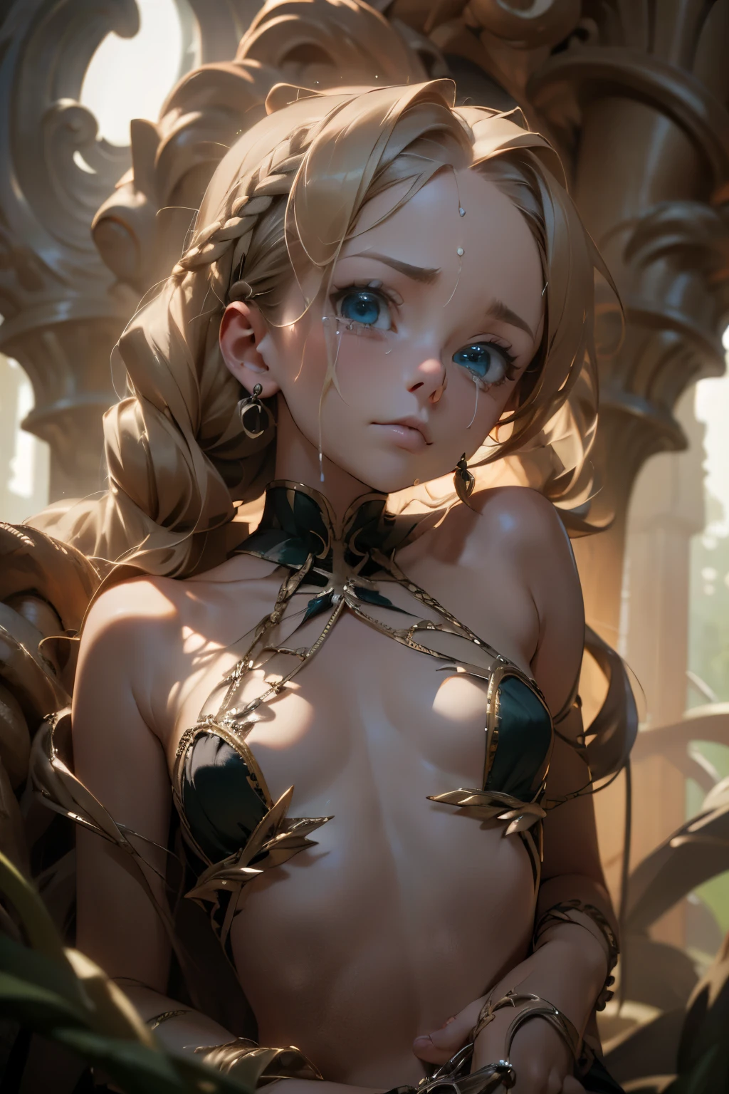 ((best quality)), ((masterpiece)), (detailed), 1girl, (big forhead:1.2),(beautiful big eyes:1.3),extremely detailed cute anime face, (((flat chest))), (flat chest:1.1),((((long twin braids,tight braids,long braid,braided hair,long hair)))),intricate eyes,beautiful detailed eyes,symmetrical eyes,(((detailed face))),beautiful detailed lips, dynamic pose, looking at viewer, (((embarrassed))),(horrified expression),(crying),highres,(best quality),(ultra detailed,extremely detailed),perfect face details, ((masterpiece:1.4, best quality))+, (ultra detailed)+, long twintails, cute girl, (flat chest:1.1), small breasts, prominent collarbones, skinny arms, flat stomach, visible hip bones, long hair, red hair, white hair, blonde hair, dark hair, ponytail, thick ponytail, heavy ponytail, small breasts, perfect face, small breasts (flat chest:1.1), NSFW，tentacle-like vines, Covered with tentacles, encoiled by tentacles, Tentacles around the body, many tentacles, captured by tentacles, bound by tentacles, trapped by tentacles, Fine details，Tentacled，Tied with tentacles, roaming tentacles, drooling，Crying，horrified expression, panic, fight for survival, helplessness, Detailed body，Full limbs，NSFW, being pulled into a flower, wild environment, jungle, terrifying floral environment, horrific nature, predatory flora, fairy catcher, fairy trapper, fairy catcher plant, tentacle-like vines, fairy trapper-plant, fairy catcher flower, tentacle-like vines, fairy trapper-flower inspired by carnivorous plants; a plant occupying the equivelant evolutionary niche as a spider would