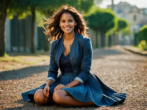 Halle Berry is A smiling, authentic, (shy:1,3), kind, beautiful woman, is sitting on the ground and passionately in love with he...