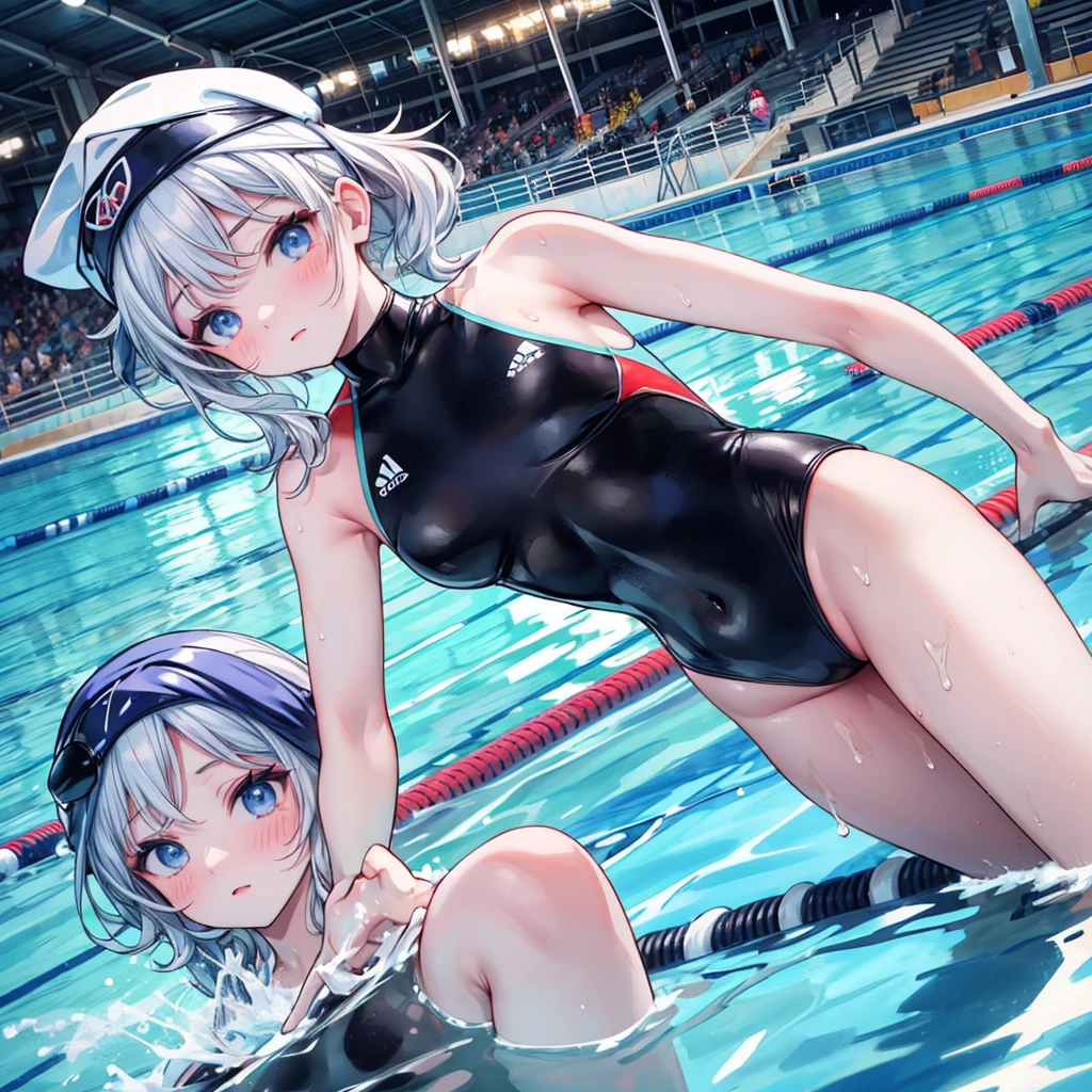 NSFW, sexy, A high-quality depiction of a female swimmer in an intense freestyle race during an Olympic event. She is wearing a sleek professional rubber swimsuit and a swimming cap, with water droplets on her suit and skin showing the effort and intensity of the race. The swimmer is in mid-stroke, and water splashes and sparkles around her, emphasizing the challenging nature of the competition. The scene is set in a brightly lit indoor Olympic pool, with the blurred crowd in the background. The artwork is in a vibrant anime-inspired style, focusing on the swimmer's muscles, the water effects, and the overall atmosphere of the close competition. --Olympic, --swimming race,  --splash, --wave, --wet, --diving pose, --rubber suit, --sexy, --erotic, --NSFW