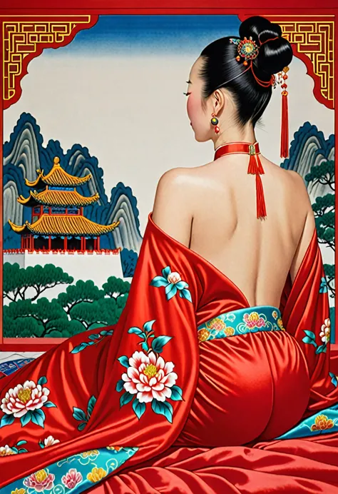 a side view of a chinese empress relaxing in bed, with a close-up view of her buttocks. in the background is a chinese palace fr...