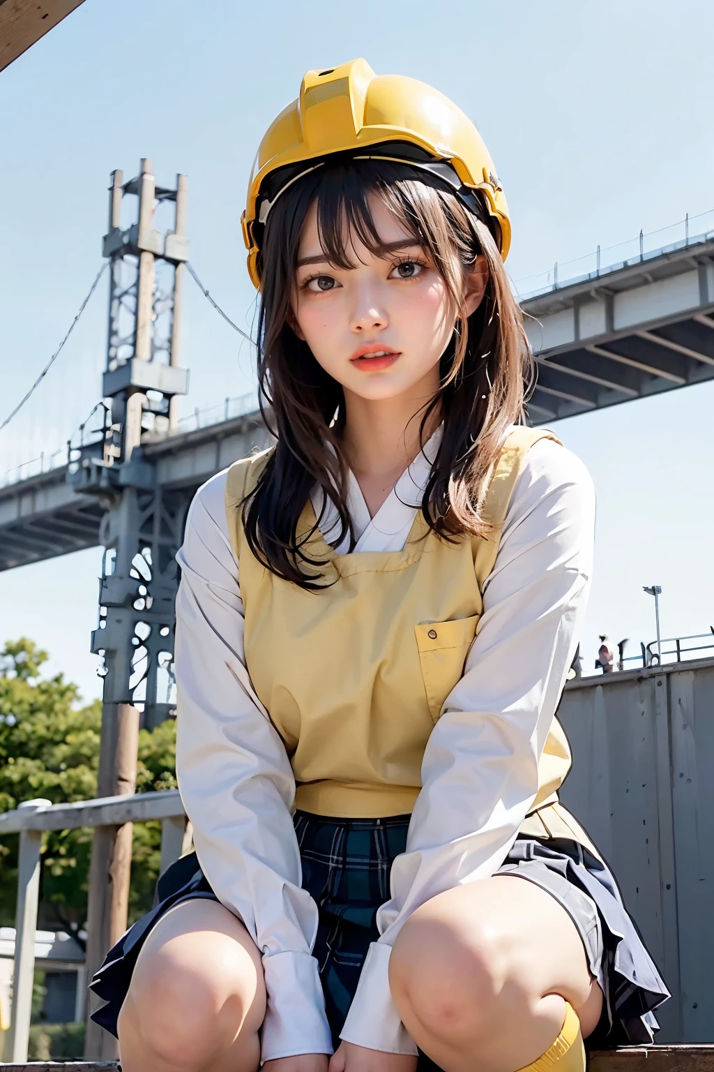 Masterpiece, bokeh, (Beautiful face), (Detailed face), (Perfect hands), (Japanese idle:1.6), (school uniform:1.3), (Plump breast:1.1), (Yellow helmet:1.3), (Crouching:1.3),( Large Bridge construction site:1.3), (Blushed face:1.3), (From below:1.5), 