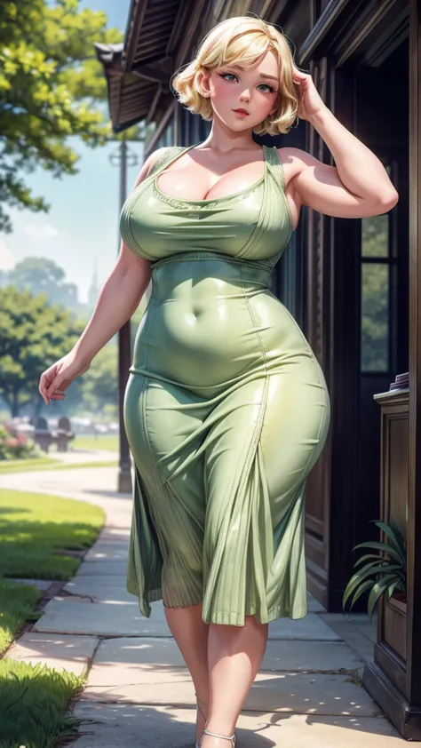 beautiful chubby young woman, medium short haircut, blonde hair, pale skin, intricate, green summer dress, big breasts, curvy bo...