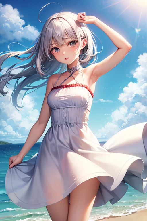 (master_piece, high_quality, beautiful, super delicate, absurdres:1.2), 1girl, mature, 16 years old, beautiful face, ahoge, hair fluttering in the wind, white hair, blue eye, (red chiffon suit, fluttering dress, The wind is blowing, dress flipped up, I can see your underwear, dress that flipped in the wind, dress billowing, I can see your underwear, wind lift:1.2), port, (clear water, gemstone sea:1.2), Ship in the distance, The trails that planes make, blue sky, Sunshine, street in the distance,