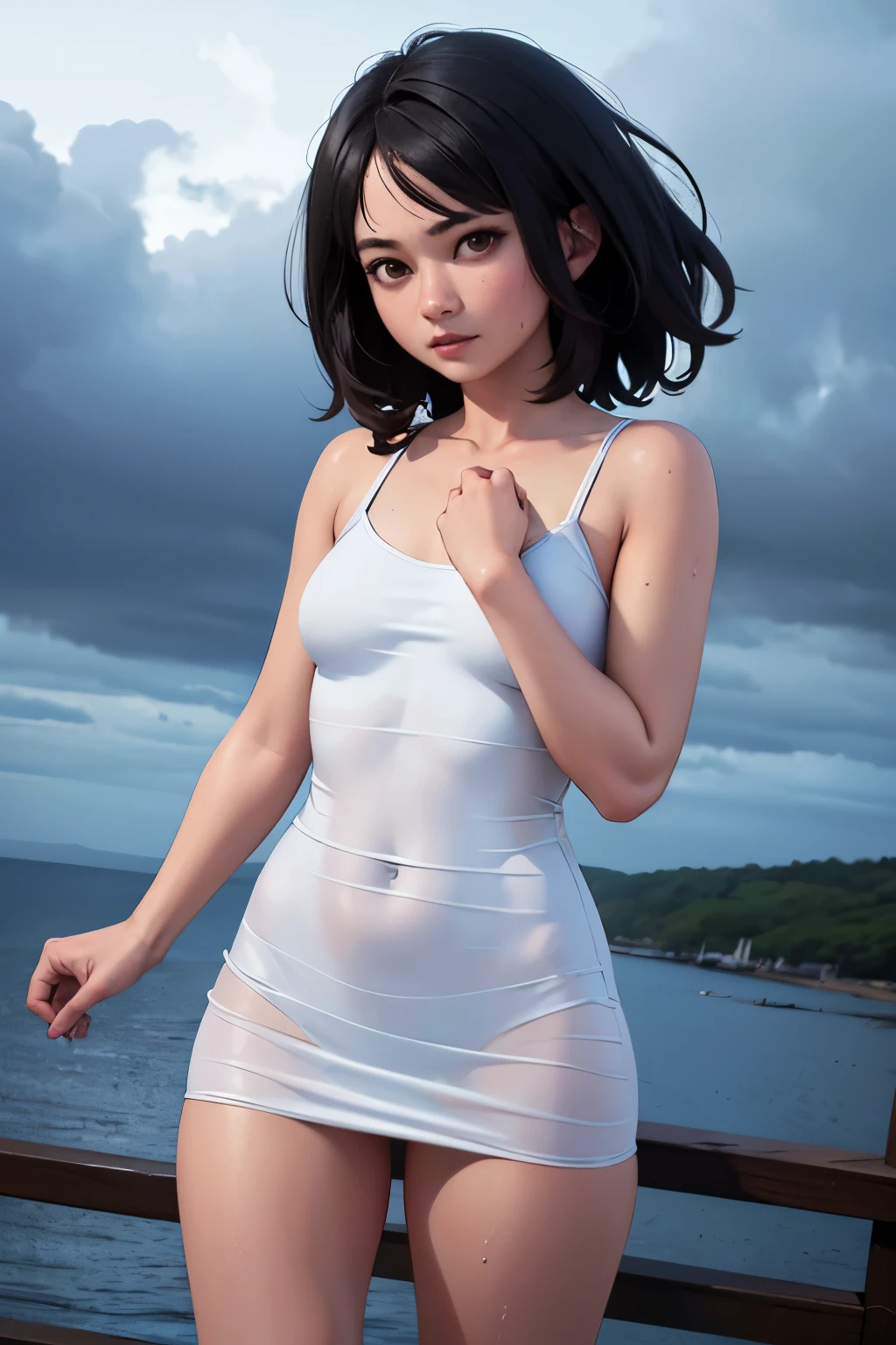 Viewer's perspective, highest quality, highest resolution, detailed depiction, delicate depiction, diverse lighting, masterpiece, ultra-high resolution, photorealistic, highest quality, 8K, perfect, storm, windstorm, typhoon, white thin dress, steamy, wet, see-through, white underwear, black medium hair, brown eyes, facial details,