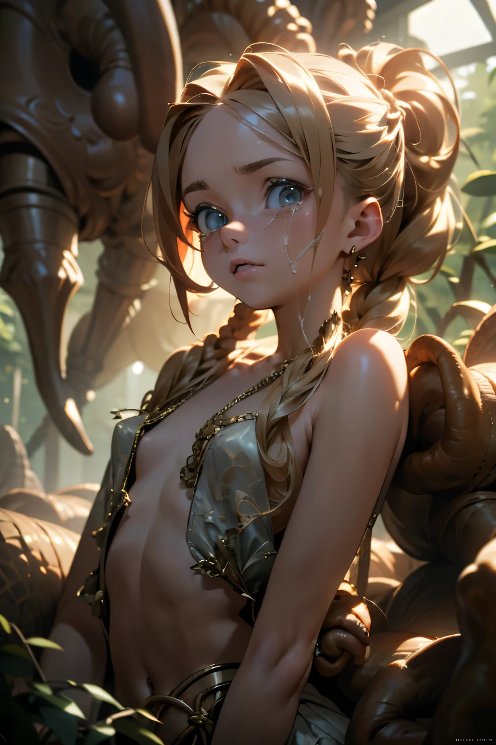 ((best quality)), ((masterpiece)), (detailed), 1girl, (big forhead:1.2),(beautiful big eyes:1.3),extremely detailed cute anime face, (((flat chest))), (flat chest:1.1),((((long twin braids,tight braids,long braid,braided hair,long hair)))),intricate eyes,beautiful detailed eyes,symmetrical eyes,(((detailed face))),beautiful detailed lips, dynamic pose, looking at viewer, (((embarrassed))),(horrified expression),(crying),highres,(best quality),(ultra detailed,extremely detailed),perfect face details, ((masterpiece:1.4, best quality))+, (ultra detailed)+, long twintails, cute girl, (flat chest:1.1), small breasts, prominent collarbones, skinny arms, flat stomach, visible hip bones, long hair, red hair, white hair, blonde hair, dark hair, ponytail, thick ponytail, heavy ponytail, small breasts, perfect face, small breasts (flat chest:1.1), NSFW，tentacle-like vines, Covered with tentacles, encoiled by tentacles, Tentacles around the body, many tentacles, captured by tentacles, bound by tentacles, trapped by tentacles, Fine details，Tentacled，Tied with tentacles, roaming tentacles, drooling，Crying，horrified expression, panic, fight for survival, helplessness, Detailed body，Full limbs，NSFW, being pulled into a flower, wild environment, jungle, terrifying floral environment, horrific nature, predatory flora, fairy catcher, fairy trapper, fairy catcher plant, tentacle-like vines, fairy trapper-plant, fairy catcher flower, tentacle-like vines, fairy trapper-flower inspired by carnivorous plants; a plant occupying the equivelant evolutionary niche as a spider would