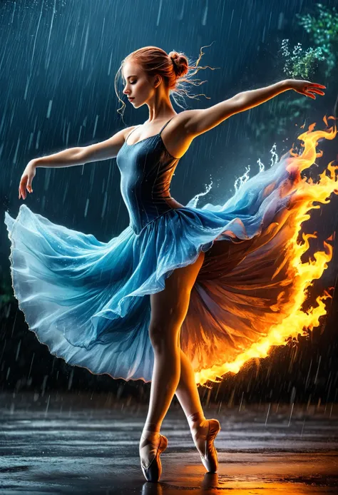 a portrait of female classical ballet prima ballerina dancing in the rain, a full body picture ((anatomically correct: 1.5)) of ...