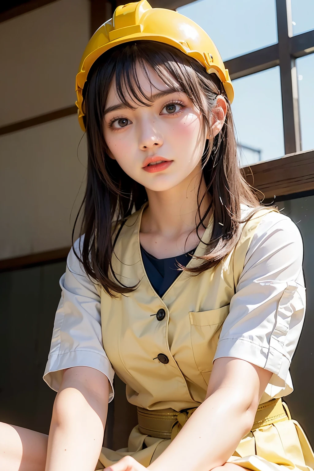 Masterpiece, bokeh, (Beautiful face), (Detailed face), (Perfect hands), (Japanese idle:1.6), (school uniform:1.3), (Plump breast:1.1), (Yellow helmet:1.3), (Crouching:1.3),( Highway construction site:1.3), (Blushed face:1.3), (From below:1.5), 