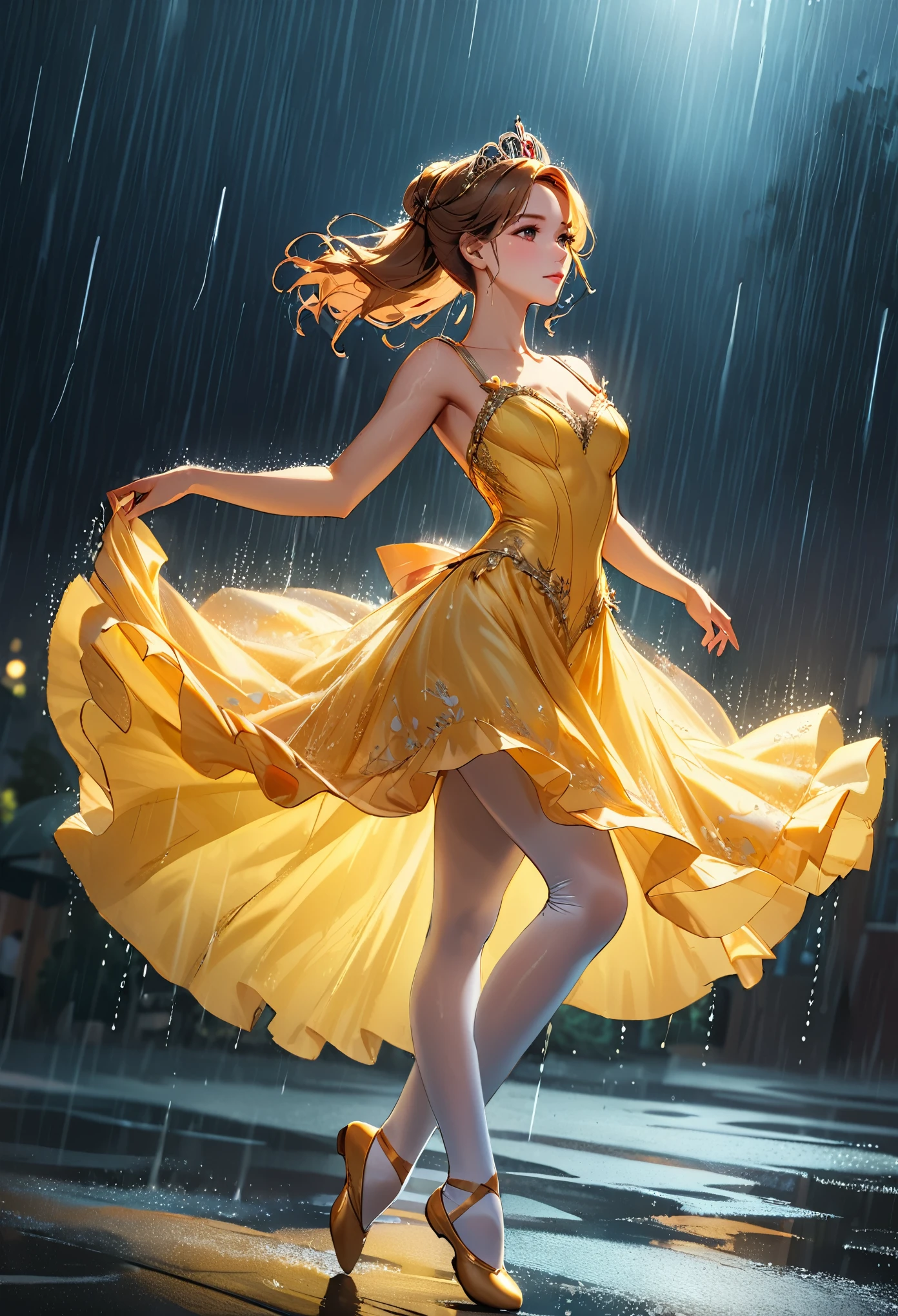 a portrait of female classical ballet prima ballerina dancing in the rain, a full body picture ((anatomically correct: 1.5)) of a exquisite beautiful female dancer wearing silk evening dress, intricate dress dynamic hair color, dynamic hair style, dynamic skin complexion, wearing ballet shoes, wearing thigh highs, ((she is standing in the middle of the rain storm: 1.5)),  she is wet, yet enjoys the dance in the rain, cloudy night, lightning storm, dynamic background, vibrant, Ultra-high resolution, High Contrast, (masterpiece:1.5), highest quality, Best aesthetics), best details, best quality, highres, 16k, (ultra detailed: 1.5), masterpiece, best quality, (extremely detailed) RAW, (ultra details, Masterpiece, best quality), Cinematic Hollywood Film, artxldnc, princess dress