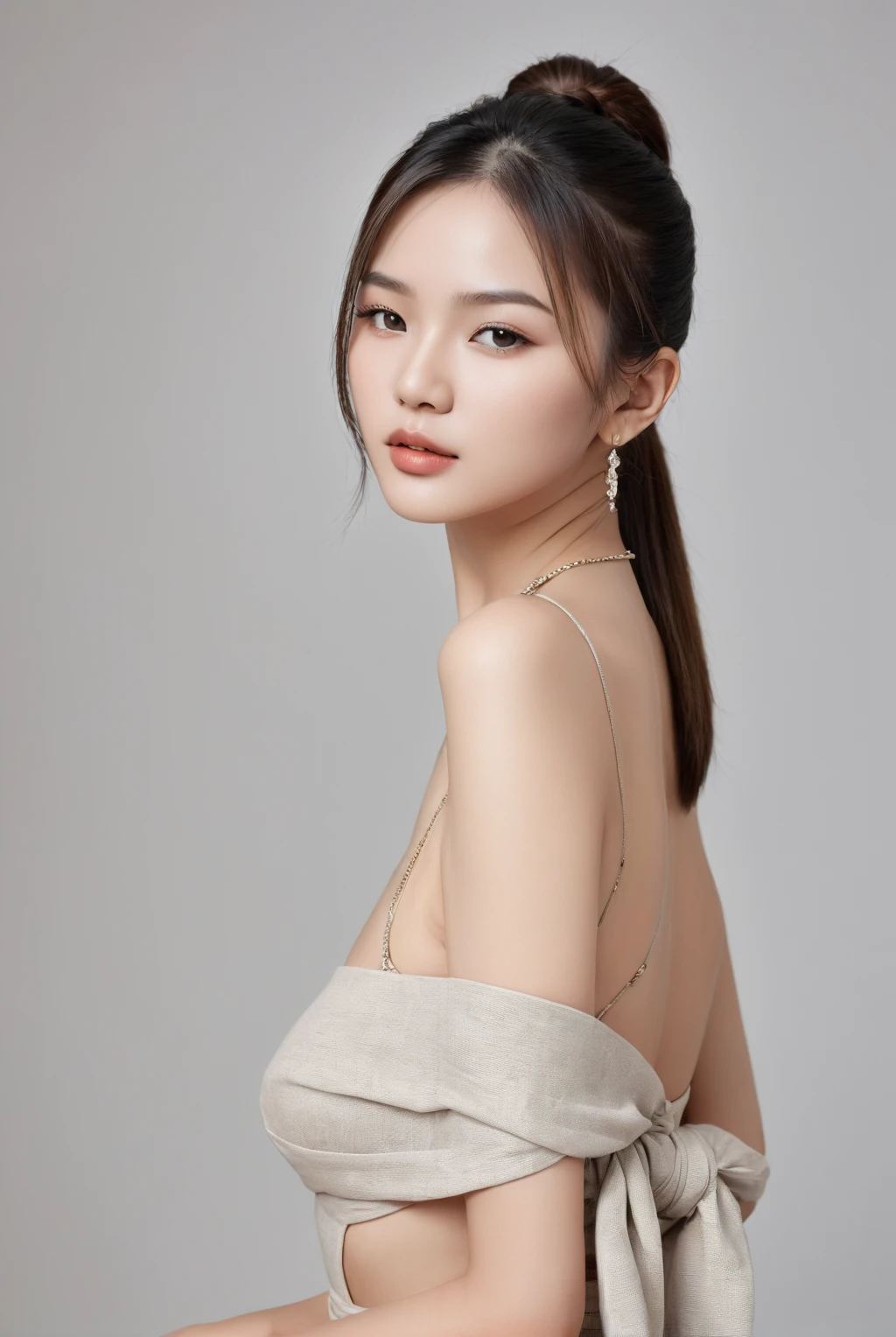 beautiful and attractive, 23-year-old Thai girl, 160-centimeter height, natural-ivory skin tone, (rounded-face), little-eyes, black eyes, (((korean monolid-eyes))), (clear-detailed eyes), centered-focus eyes, natural-gloss full-lips, (shoulder-length straight bob with highlight), ((gray and silver highlights on black hair)), (clear-detailed hairs), ((naked small-breasts)), hourglass-slim figure, narrow shoulders, long neck, slim waist, rich-detailed skin texture, skin detention, white crop-tops, high-waist blue skinny-denim, Cartier’s rose-gold love necklace, (clear rich-detailed necklace), (((too tight Parisian-scarf with a big-knot scarf tightly strangle neck and long-tail scarf behind back))), ((rich-detailed scarf texture)), (((linen-cotton ribbed beige-color scarf with scarf-knot and tail))), look up to viewer, best highly-details and quality, 8k, HD photo