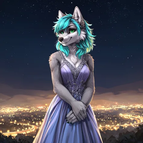 a close-up of an anthropomorphic grey wolf lady, dressed with a fancy dress, her arms are behind her dress, she has short cyan c...