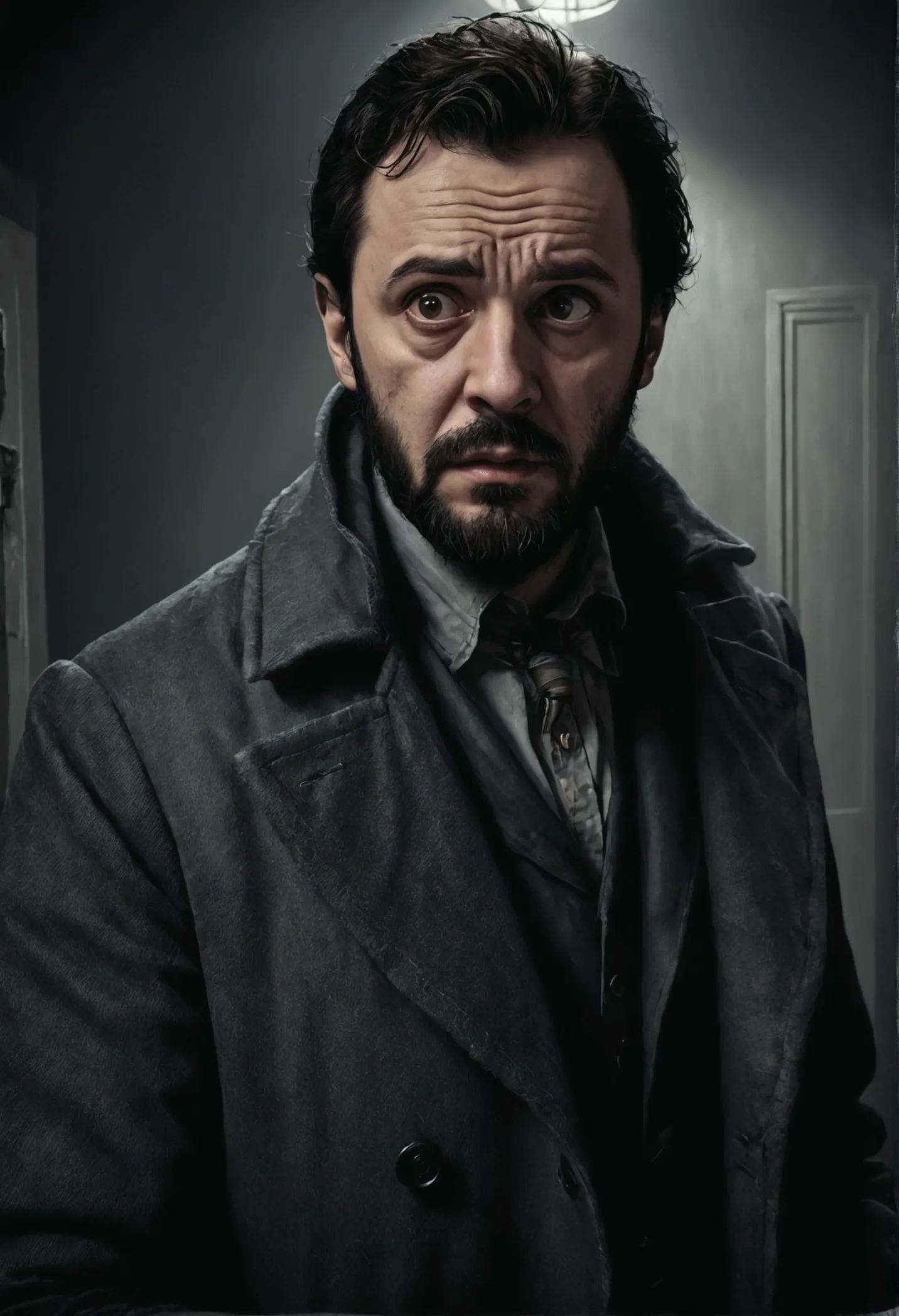 man, little beard, gloomy, gray coat, photorealistic, creepy, curious, scared