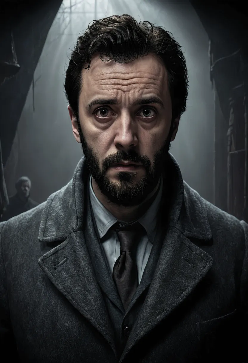 man, little beard, gloomy, gray coat, photorealistic, creepy, curious, scared