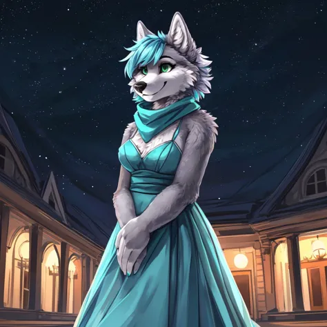 a close-up of an anthropomorphic grey wolf lady, she's dressed has a scarf with a dark blue gala night type of clothing, her arm...