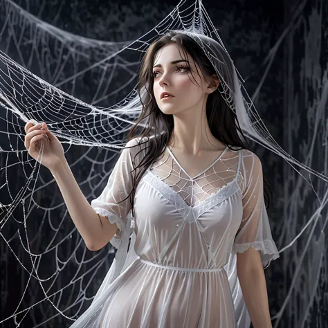 a woman entangled in the spider's web, cobweb,she's wearing a long saton nightgown