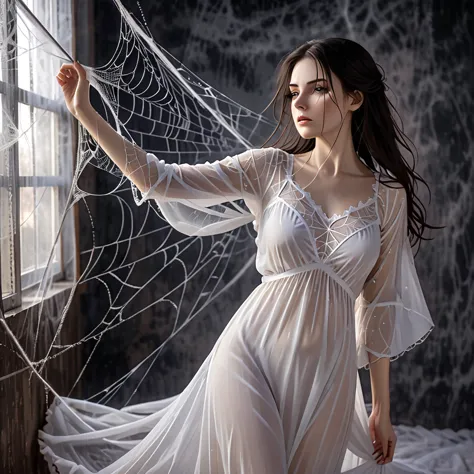 a woman entangled in the spider's web, cobweb,she's wearing a long saton nightgown