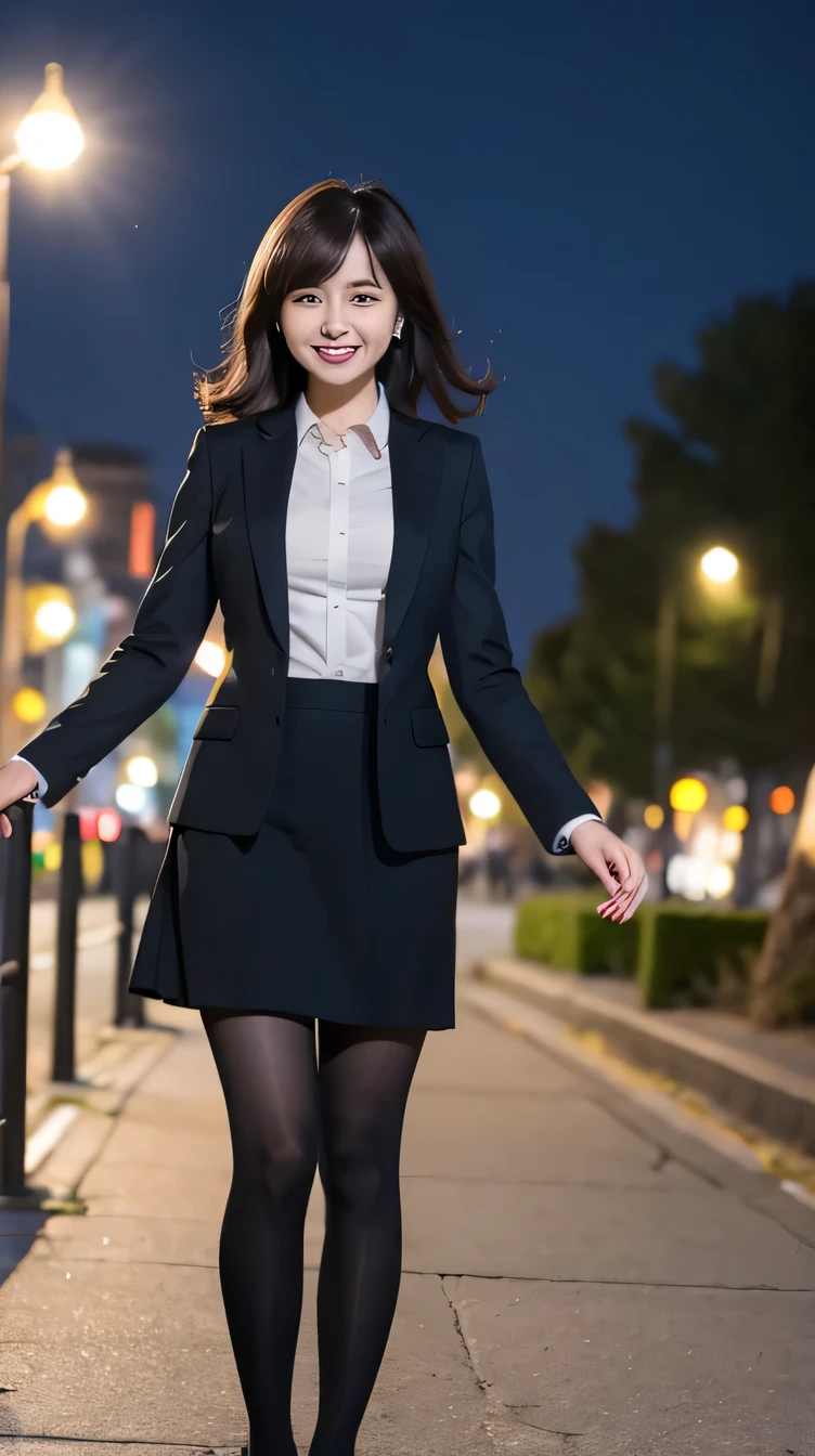 office lady, Woman in a suit、Knee-length skirt、tights、pumps、Full body photo、Are standing、ear piercing、smile、The background is a park at night。.

