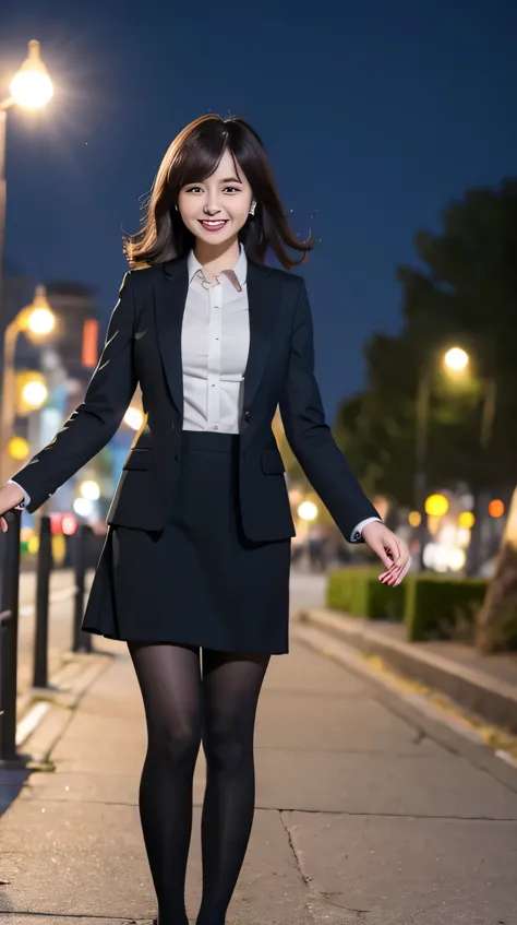 office lady, woman in a suit、knee-length skirt、tights、pumps、full body photo、are standing、ear piercing、smile、the background is a ...